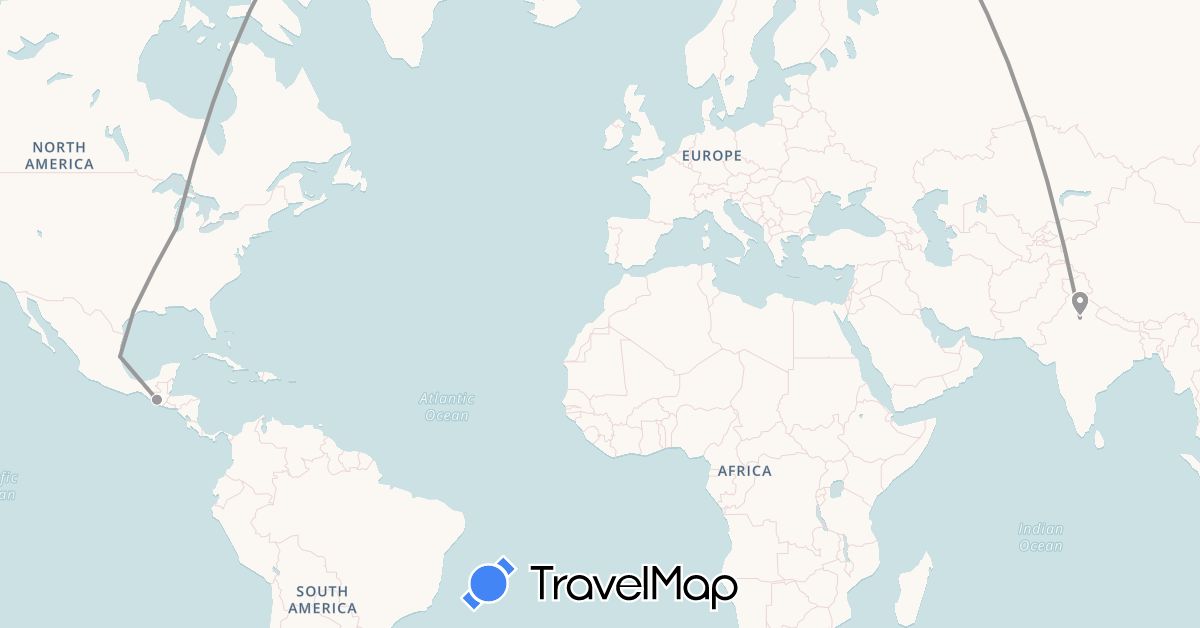 TravelMap itinerary: driving, plane in Chile, Guatemala, India, Mexico, United States (Asia, North America, South America)